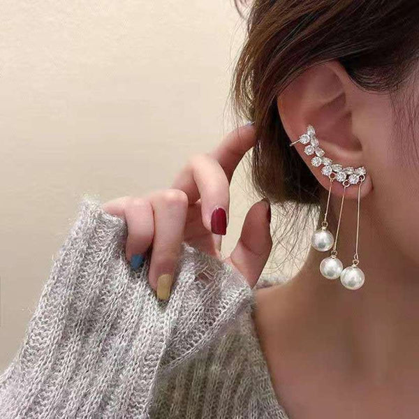 Korean Zircon Studded Earcuff with Pearl Tassel Long Earringsn
