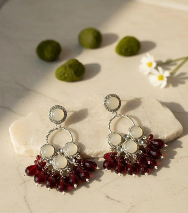 Oxidised Silver Red Beaded Statement Jhumka Earrings