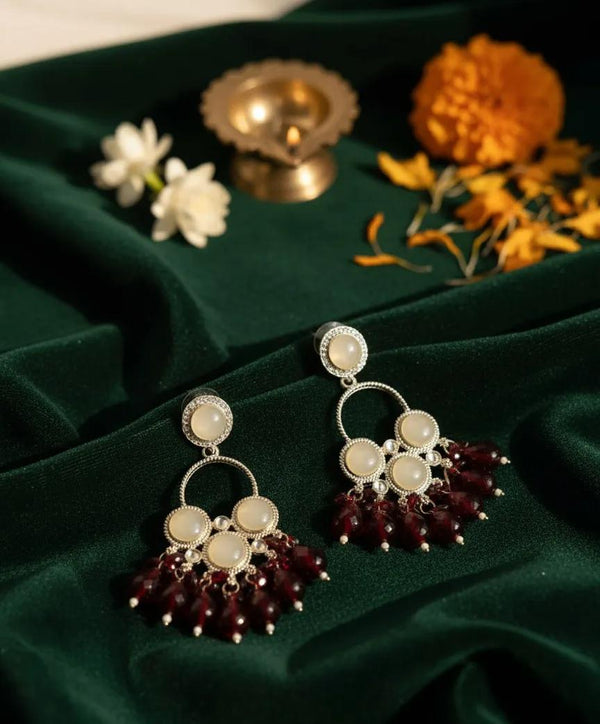 Oxidised Silver Red Beaded Statement Jhumka Earrings