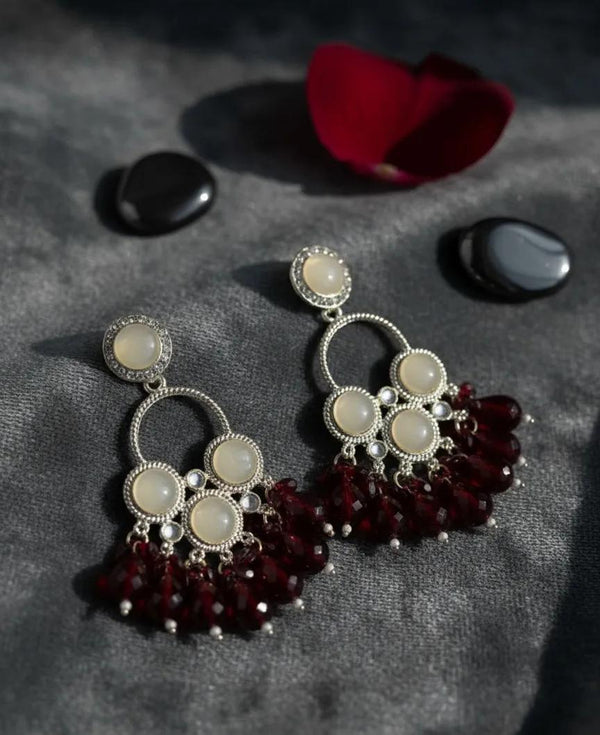 Oxidised Silver Red Beaded Statement Jhumka Earrings