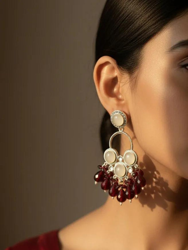 Oxidised Silver Red Beaded Statement Jhumka Earrings