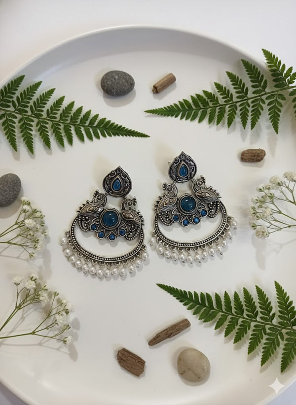 Oxidized Silver Blue Stone Jhumka Earrings